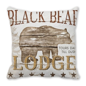 Close-up of rustic Black Bear Lodge print on soft peach skin fabric pillowcase