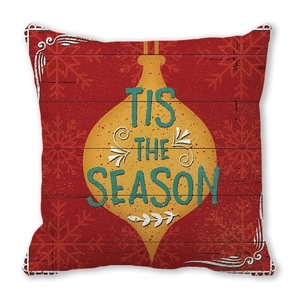 Close-up of red Christmas pillowcase with gold 'TIS THE SEASON' bauble and snowflake texture