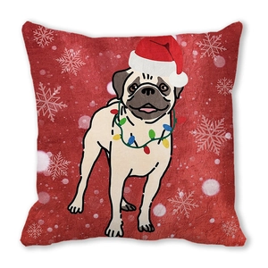 Close-up of peach skin fabric cushion cover with pug cat Christmas print and festive lights