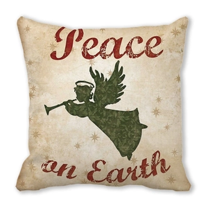 Close-up of vintage texture on Christmas peach skin pillowcase with Peace on Earth print