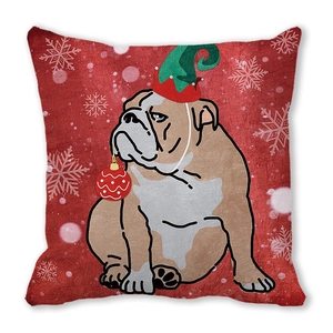Close-up of festive red pillowcase featuring a cute bulldog in a Christmas elf hat