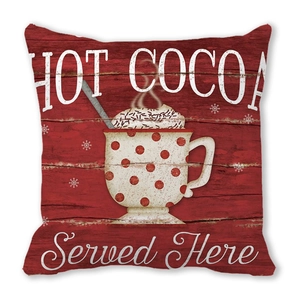 Christmas cushion cover with hot cocoa design and red wood texture background