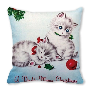 Cute Christmas cat pillowcase with festive illustrations on peach skin velvet fabric