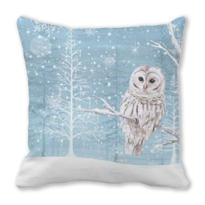Detail of artistic snow owl illustration on a high-density soft cushion cover fabric