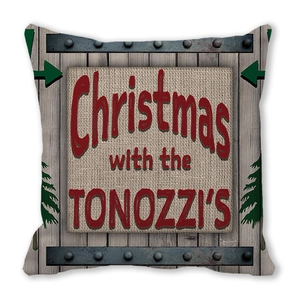Christmas cushion cover with vintage wooden door print and festive family typography