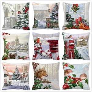 Christmas Winter Snow Scene Pillowcase Peach Skin Fabric Decorative Cushion Cover For Sofa Living Room Home Decor Oil Painting Style Robin Snowman Pattern
