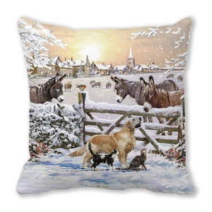 Winter snowy village painting pillowcase featuring golden retriever and cat on peach skin