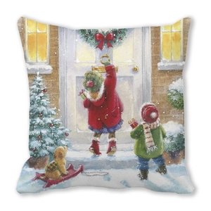 Detailed texture of peach skin fabric cushion cover with Christmas winter scene illustration