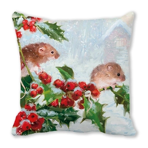 Macro view of Christmas pillowcase featuring hamsters on snowy holly branches with berries