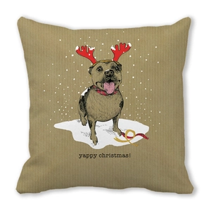 Détail de l'illustration de chien avec bois et texte Yappy Christmas sur la taie d'oreiller