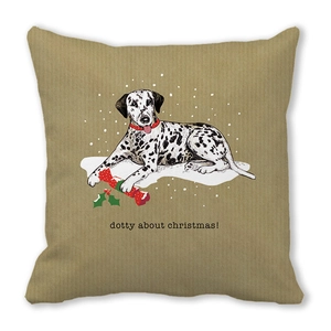 Détail montrant la texture peau de pêche et l'imprimé festif dalmatien sur la taie d'oreiller