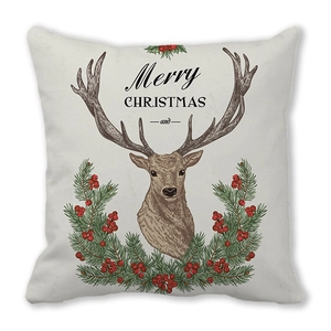 Housse de coussin de Noël avec renne, branches de sapin et texte Merry Christmas