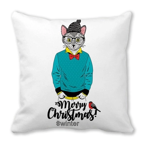 Détail de la housse de coussin de Noël avec chat hipster sur tissu peau de pêche doux