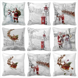 Christmas Reindeer Snowman Santa Claus Print Peach Skin Velvet Square Pillowcase Winter Holiday Decorative Throw Cushion Cover