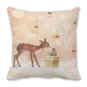Christmas deer peach skin pillowcase with winter scene and gold accents on white background