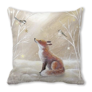 Winter forest fox and birds illustration print on peach skin velvet cushion cover