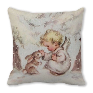 Detail of Christmas reindeer pillowcase showing vintage watercolor angel and rabbit print