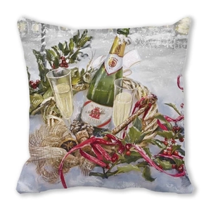 Detailed view of Christmas deer series cushion cover with festive champagne and holly print