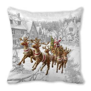 Detail of Christmas reindeer pillowcase showing Santa sleigh illustration on soft peach skin fabric