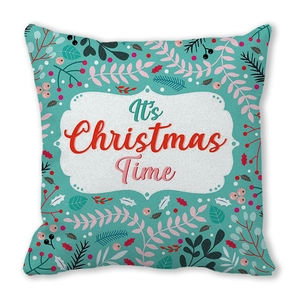 Detail of Christmas pillowcase featuring botanical print and It's Christmas Time text