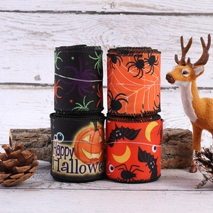 Halloween Decorative Ribbon Spider Web Pumpkin Bat Print Linen Look Fabric Ribbon For Party Gift Wrapping DIY Crafts