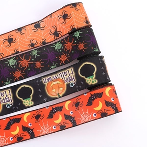 Halloween ribbons with spider and pumpkin prints for party DIY decoration and festive crafts