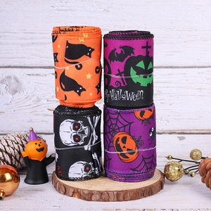 Halloween Pumpkin Skeleton Bat Black Cat Printed Ribbons For Party Decoration DIY Gift Wrapping Supplies Polyester Fabric