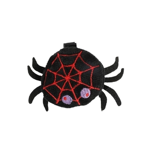 Halloween black plush spider hair clip with red spiderweb pattern and purple eyes