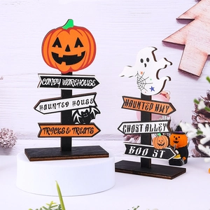 Halloween wooden tree signs featuring pumpkin and ghost decorations on stable bases