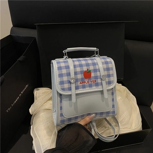 Mini Zaino a Quadretti da Donna Stile Preppy in Pelle PU Tessuto Borsa a Tracolla Ricamo Mela Rossa Borsa Moda Scuola Ragazze