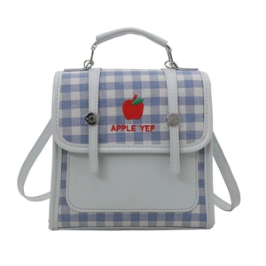Blue plaid backpack with red apple embroidery and adjustable strap for women