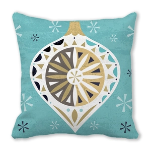 Detail of teal Christmas pillow case featuring mid-century modern geometric ornament print