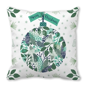 Detail of Christmas ornament print with Merry Christmas banner on peach skin pillowcase