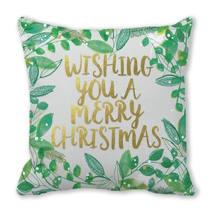 Merry Christmas square pillowcase with gold foil text and green leaf patterns on white peach skin