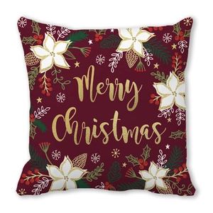 Burgundy Merry Christmas pillow case with golden text and festive floral prints