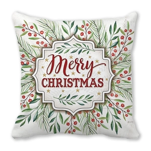 Detail van de kerstkransprint op kussensloop met feestelijke Merry Christmas-tekst voor decoratie