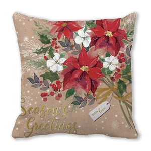 Detailopname van vintage kerststerprint op perzikhuidweefsel van de kussensloop