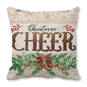 Kerst kussenhoes met Christmas Cheer print, dennentakken en bessen op creme stof