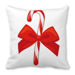 Detail of Christmas pillowcase with red candy cane and bow print on white peach skin fabric
