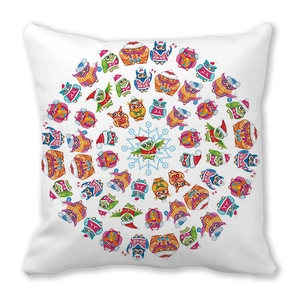Christmas owl print throw pillow case on white background with festive winter patterns