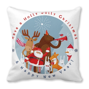 Close-up of Christmas pillowcase featuring cartoon animals and festive holiday greeting