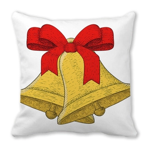 Close-up of golden bell and red bow print on square peach skin pillowcase fabric