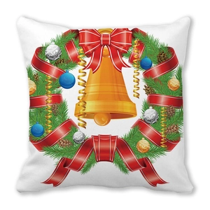 Detail of Christmas wreath print with golden bells and pine cones on white pillow case