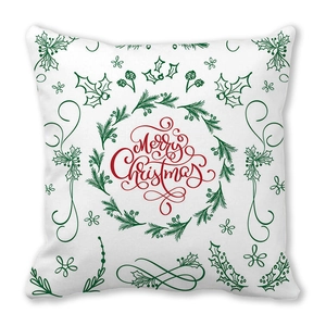 Merry Christmas pattern on white peach skin pillowcase with green holly and red berries