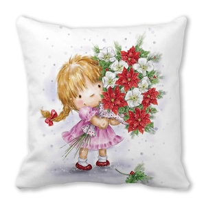 Detail of Christmas peach skin pillowcase showing a cartoon girl with red poinsettia flowers