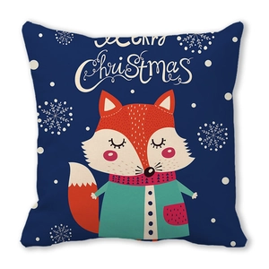 Kussensloop met cartoon vos en Merry Christmas print op donkerblauwe perzikhuid stof
