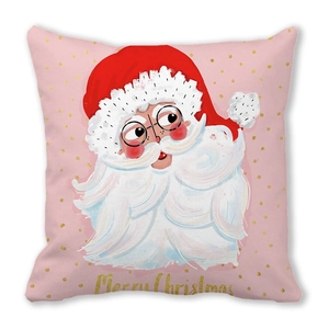 Close-up of pink peach skin fabric featuring Santa Claus print and Merry Christmas text