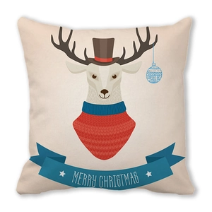 Detailweergave van cartoon rendierprint op kussensloop met de tekst Merry Christmas