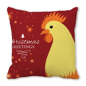 Rode kerstkussenhoes met een gele cartoonhaan en feestelijke kerstgroet erop