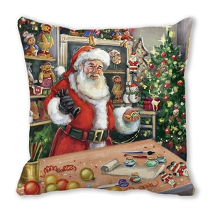Square peach skin pillowcase featuring artistic Santa Claus and Christmas tree oil painting